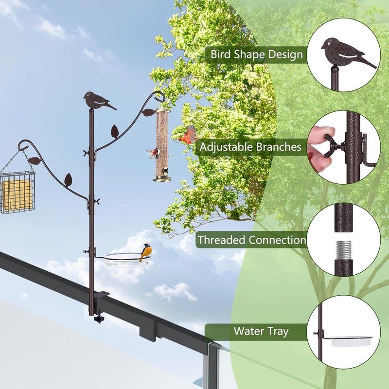 YINGYM Deck Bird Feeder Pole Porch Multi-Hooks Hanging Kit for Outside with Two Adjustable Branches, Water Bowl, Bird Feeder Planter Hanger - Image 3